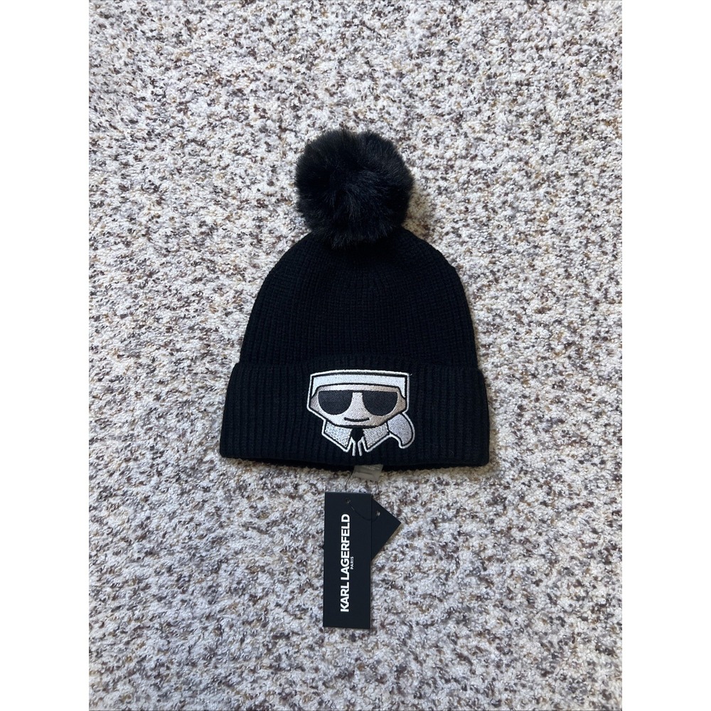 KARL LAGERFELD‎ PARIS New Women's Faux-Fur Pom Rhinestone Karl Beanie BLACK